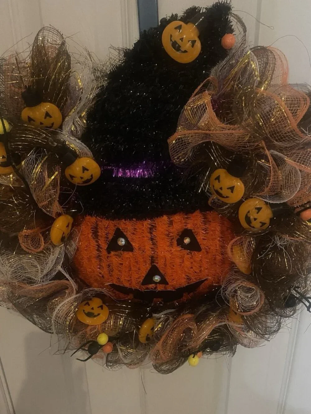 Halloween Deco Mesh Wreath Handmade Pumpkin, Purple Orange  Wall Decor Door 18”